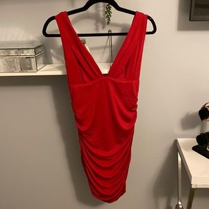 NEVER WORN Red V-Neck Mini Dress with Ruching
